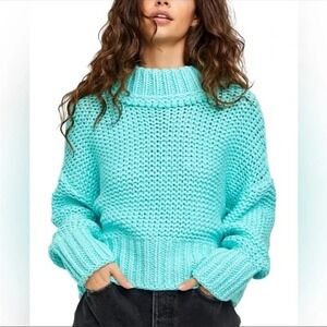 Free People Sweater L My Only Sunshine Aqua Chunky Open Knit Oversized Boxy Boho